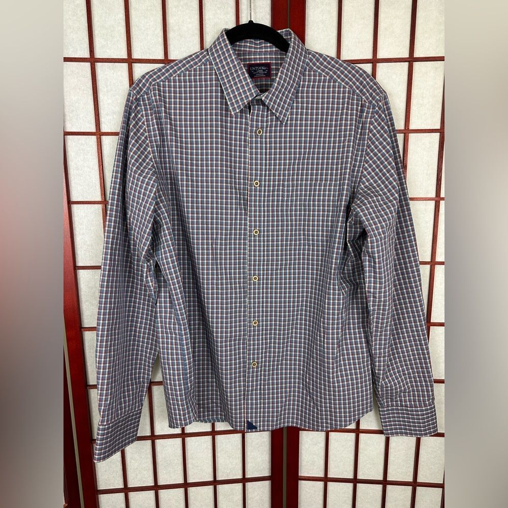 Untuckit Mens Blue Red Checked Cotton Slim Fit Wrinkle Free Button Down Shirt L